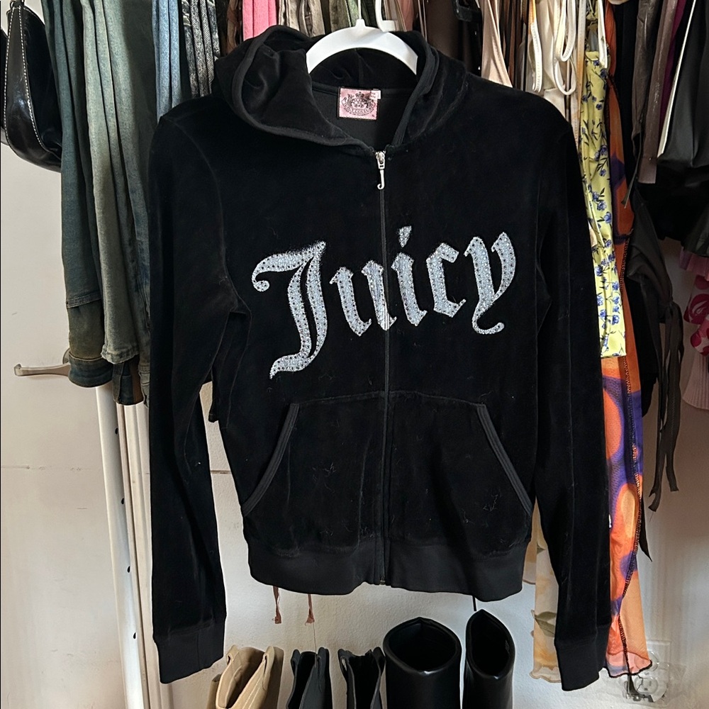 VINTAGE RARE Juicy Couture Black Velour Zip Front Hoodie with Rhinestone Logo